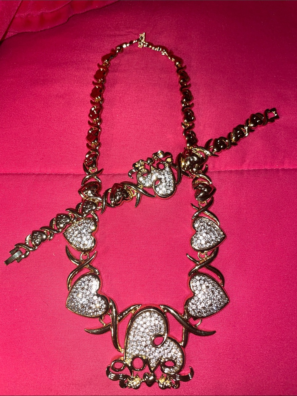 Gold-Tone Heart Crystal Statement Necklace - Pink